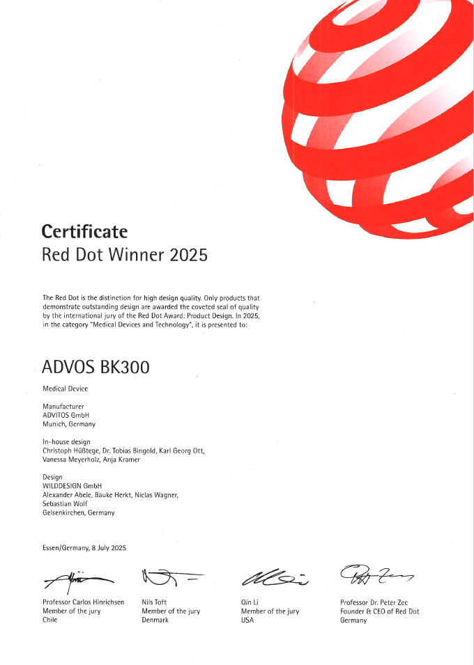 Zertifikat Red Dot Product Design Award für die ADVOS BK300