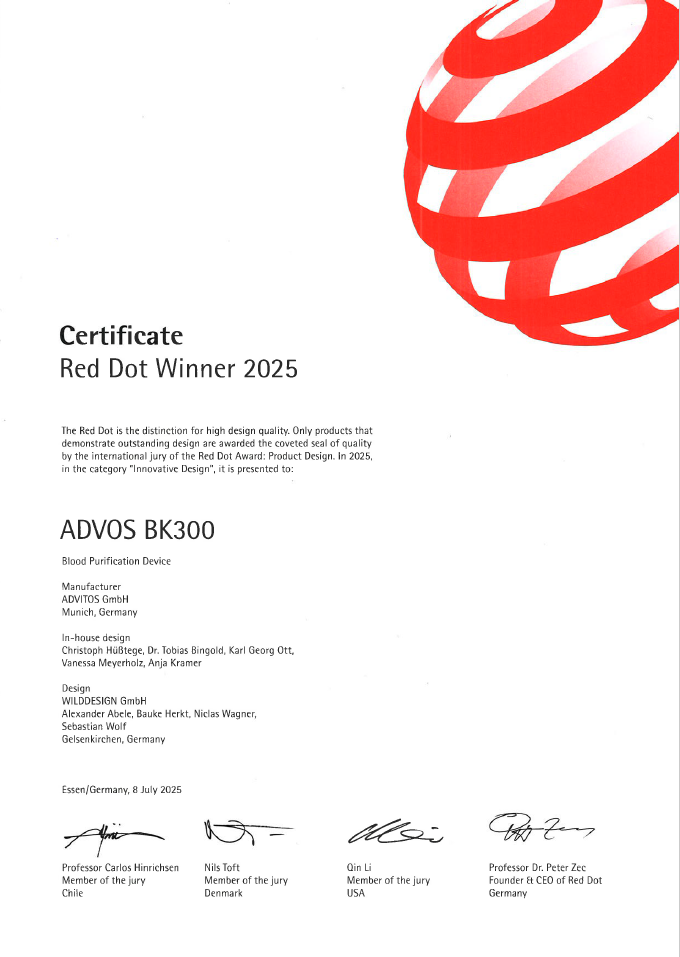 Zertifikat Red Dot Innovative Design Awards für die ADVOS BK300